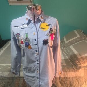 Women's Halloween Embroidered Shirt - Blue